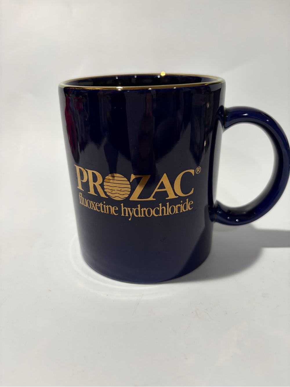 Vintage Prozac Mug Advertising Blue Gold Rim Coffee Pharmaceutical Hot Cup